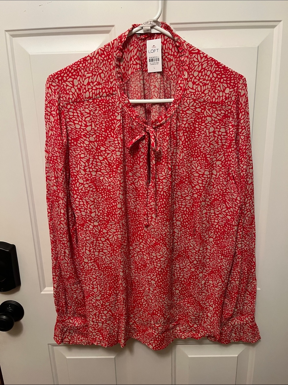 LOFT Red and Cream Tie-Neck Patterned Blouse